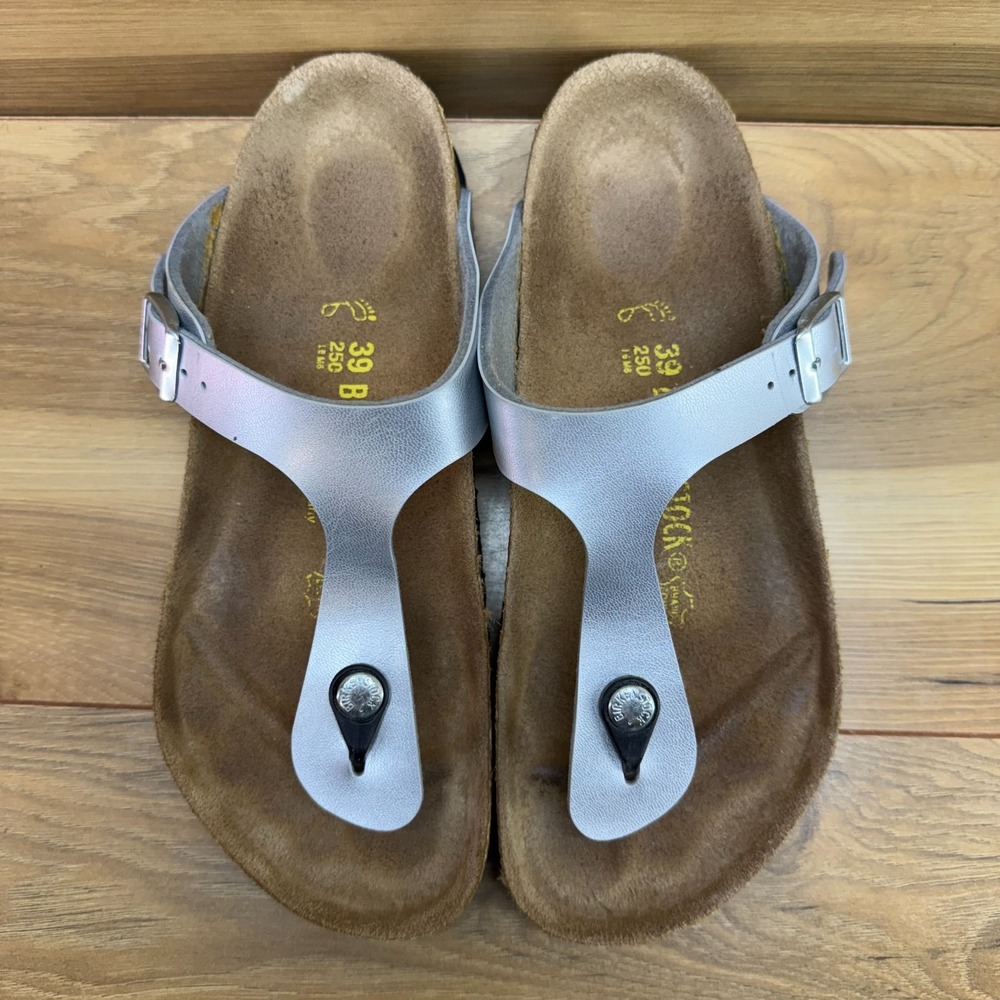 Birkenstock Gizeh Sandals Womens 8 W EU 39 Silver Thong Summer Vacation